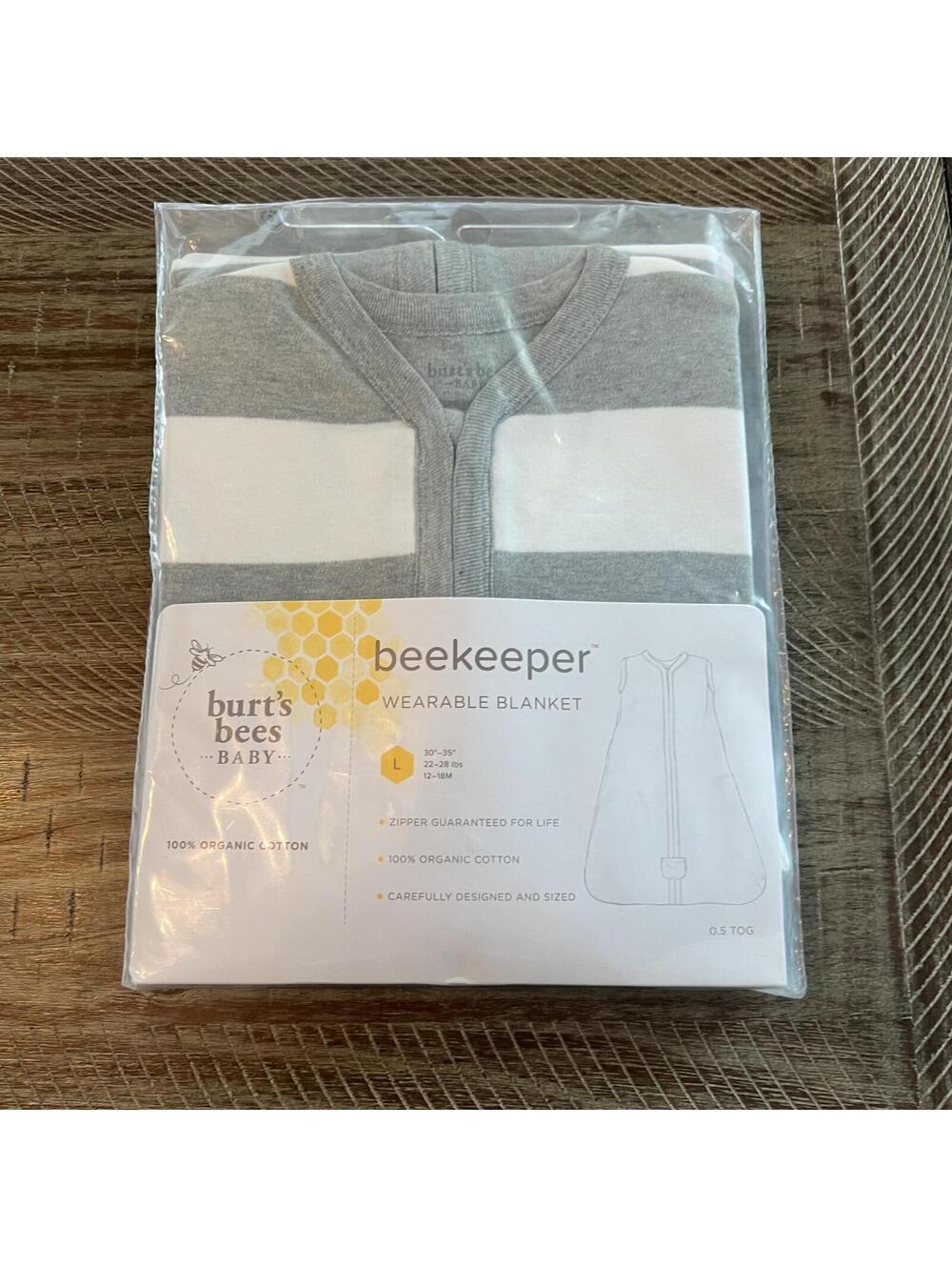 Burt's Bees Baby Gray striped Beekeeper wearable blanket sleepsack - Large - NWT
